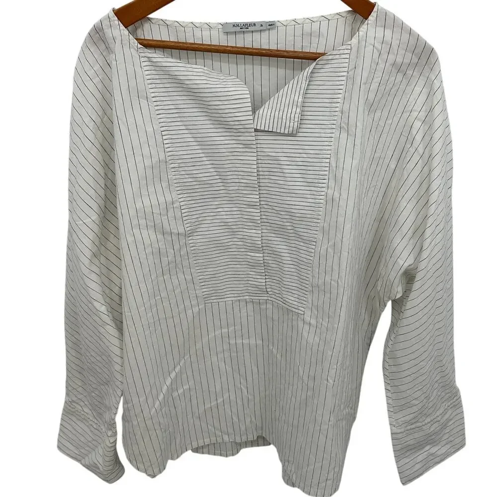 M.M. LaFluer Stripe Linen Cotton Blend Poplin Top // XL - Picture 1 of 8